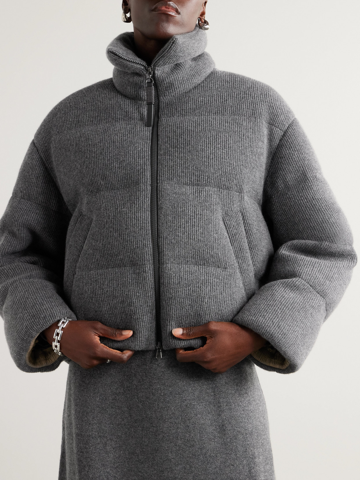 Brunello Cucinelli Padded Ribbed-cashmere Jacket In Gray