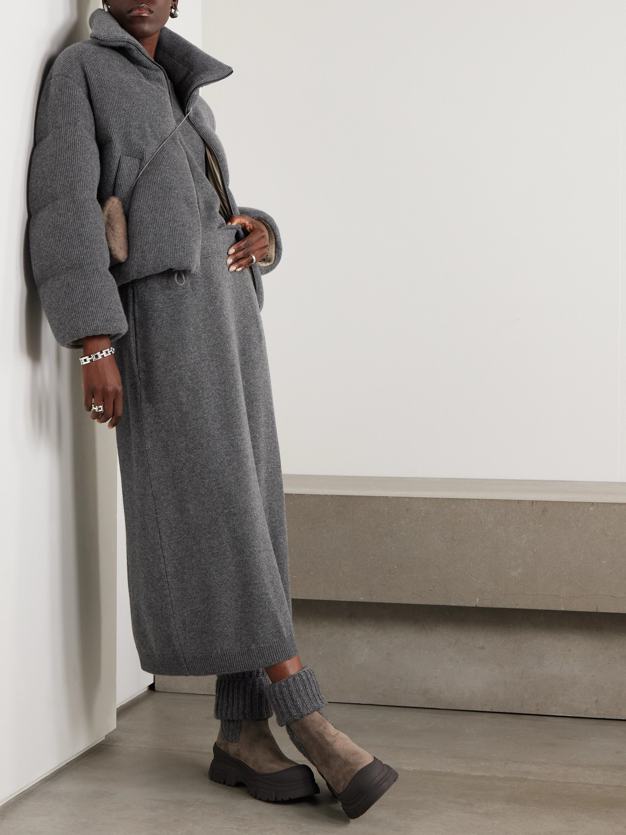 Brunello Cucinelli Padded Ribbed-cashmere Jacket In Gray