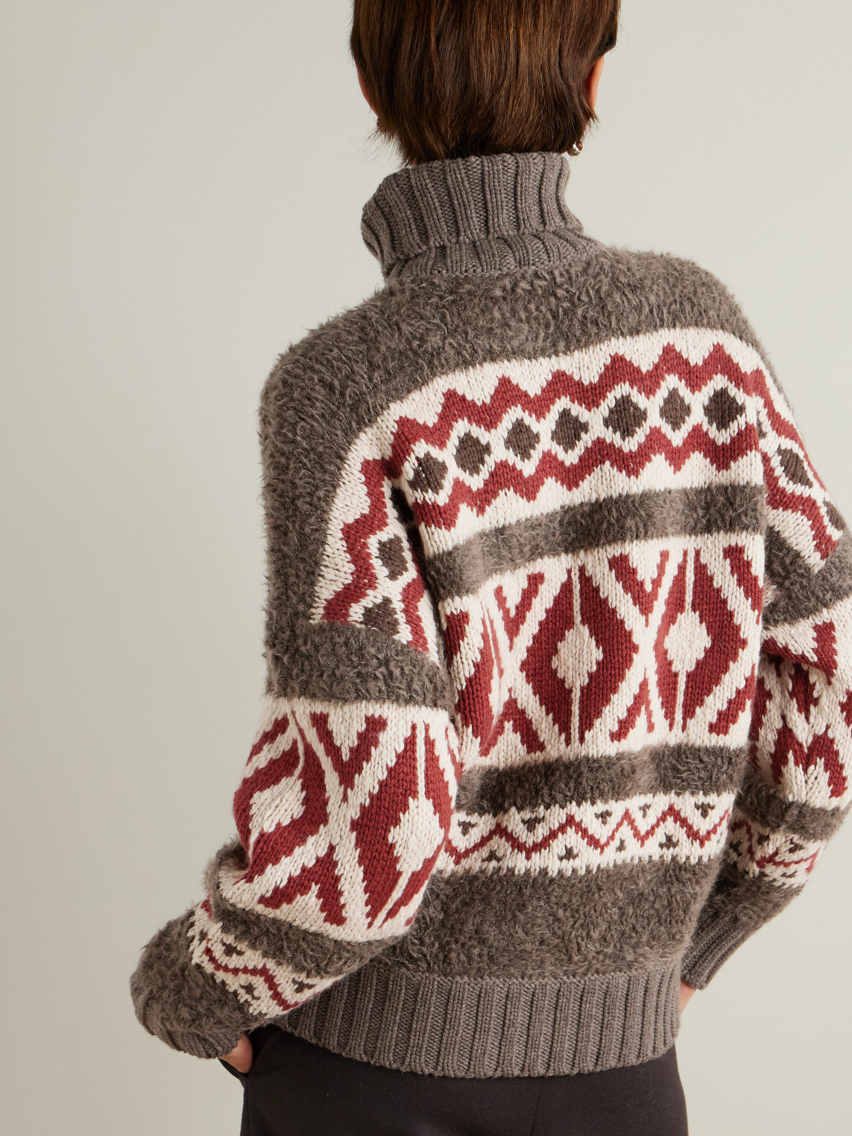 Brunello Cucinelli Paneled Jacquard-knit Wool And Cashmere-blend And Mohair-blend Turtleneck Sweater In Brown