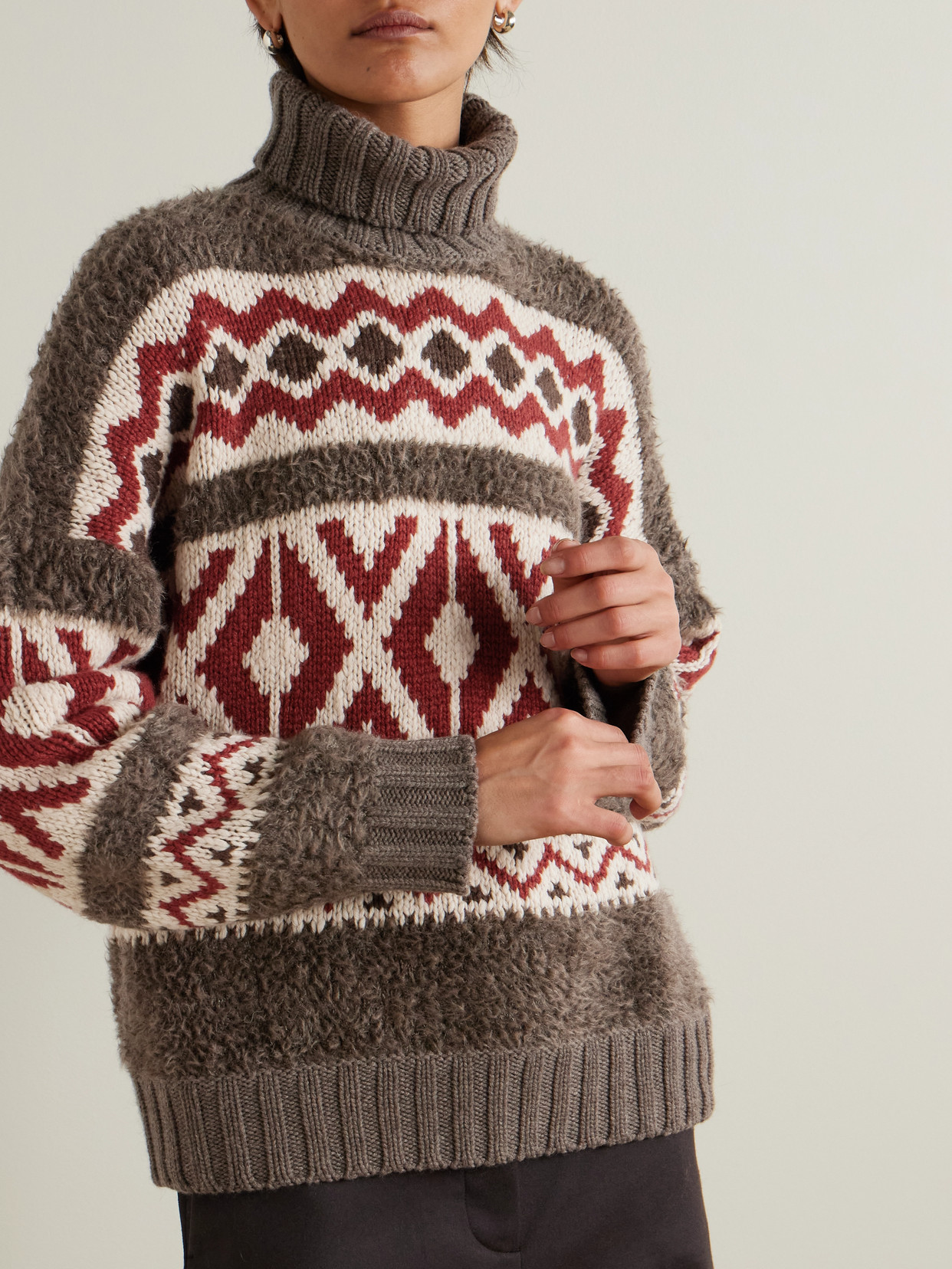 Brunello Cucinelli Paneled Jacquard-knit Wool And Cashmere-blend And Mohair-blend Turtleneck Sweater In Brown