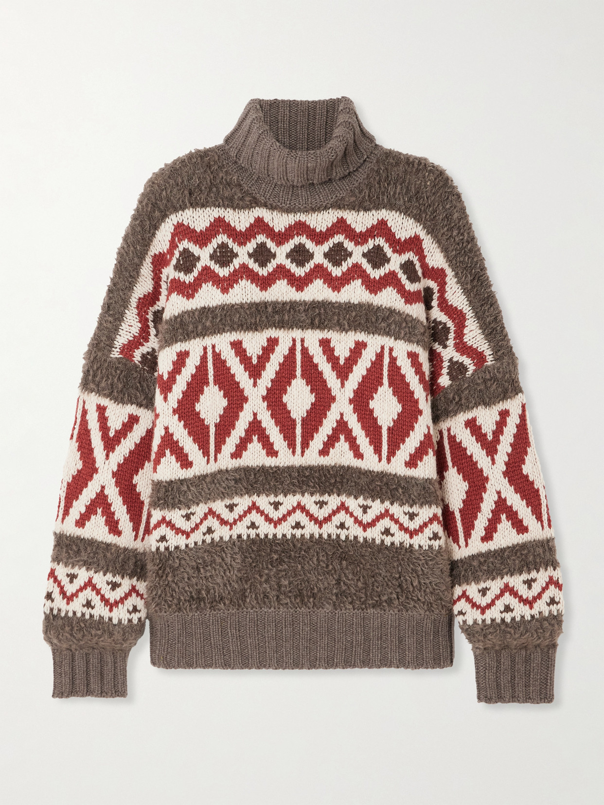 Brunello Cucinelli Paneled Jacquard-knit Wool And Cashmere-blend And Mohair-blend Turtleneck Sweater In Brown