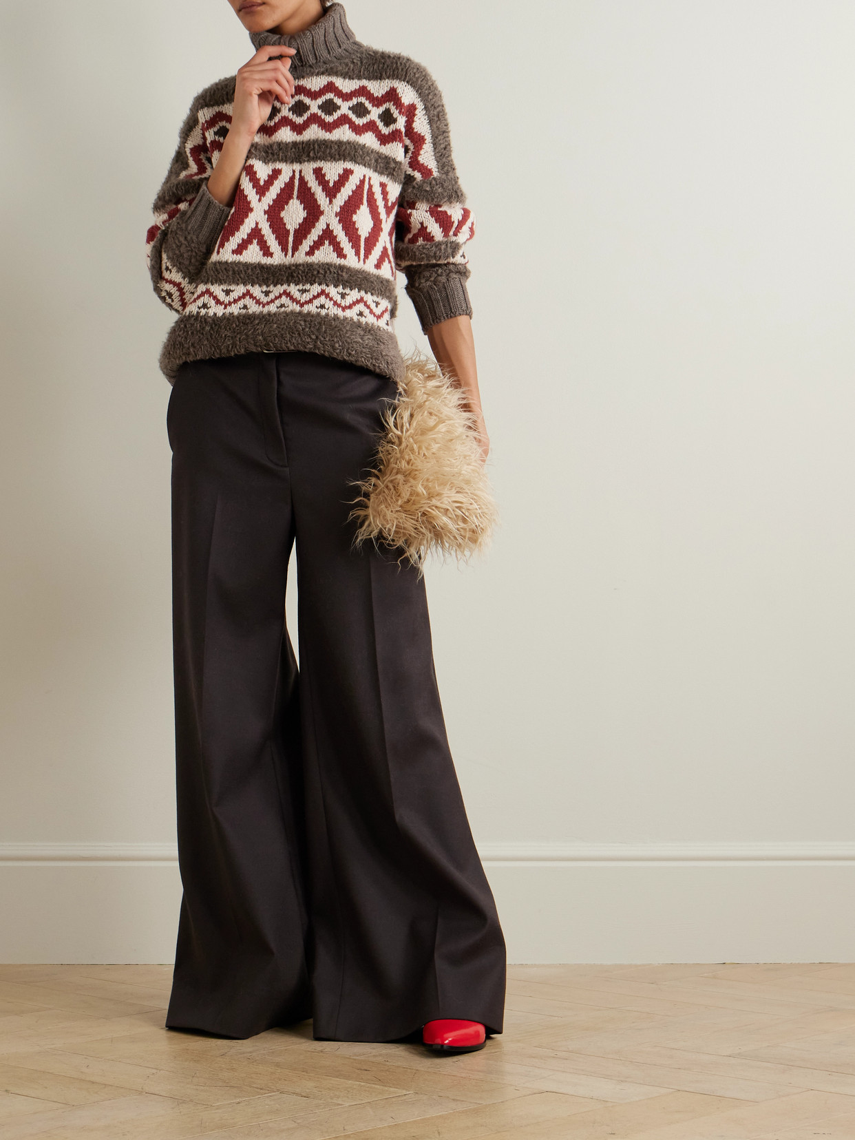 Brunello Cucinelli Paneled Jacquard-knit Wool And Cashmere-blend And Mohair-blend Turtleneck Sweater In Brown