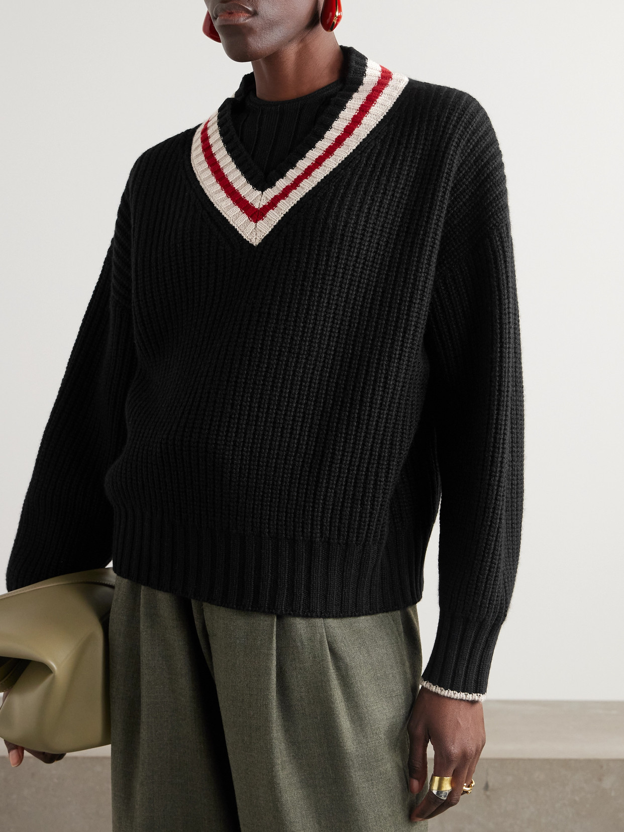 Brunello Cucinelli Ribbed Striped Cashmere Sweater In Black