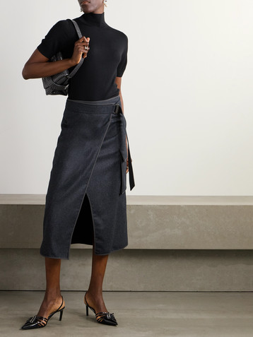 Brunello Cucinelli Shell-trimmed wool-felt wrap midi skirt