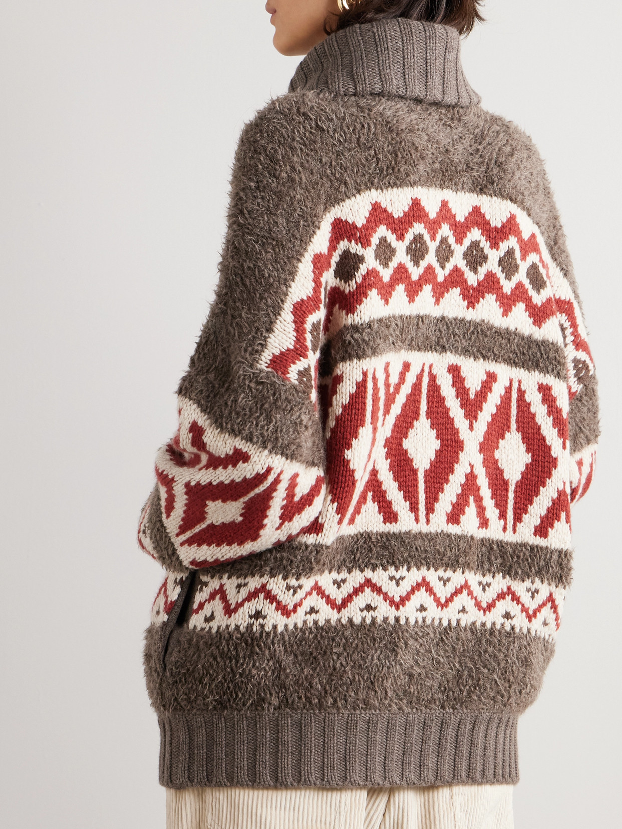 Brunello Cucinelli Oversized Intarsia Cashmere Zip-up Cardigan In Brown