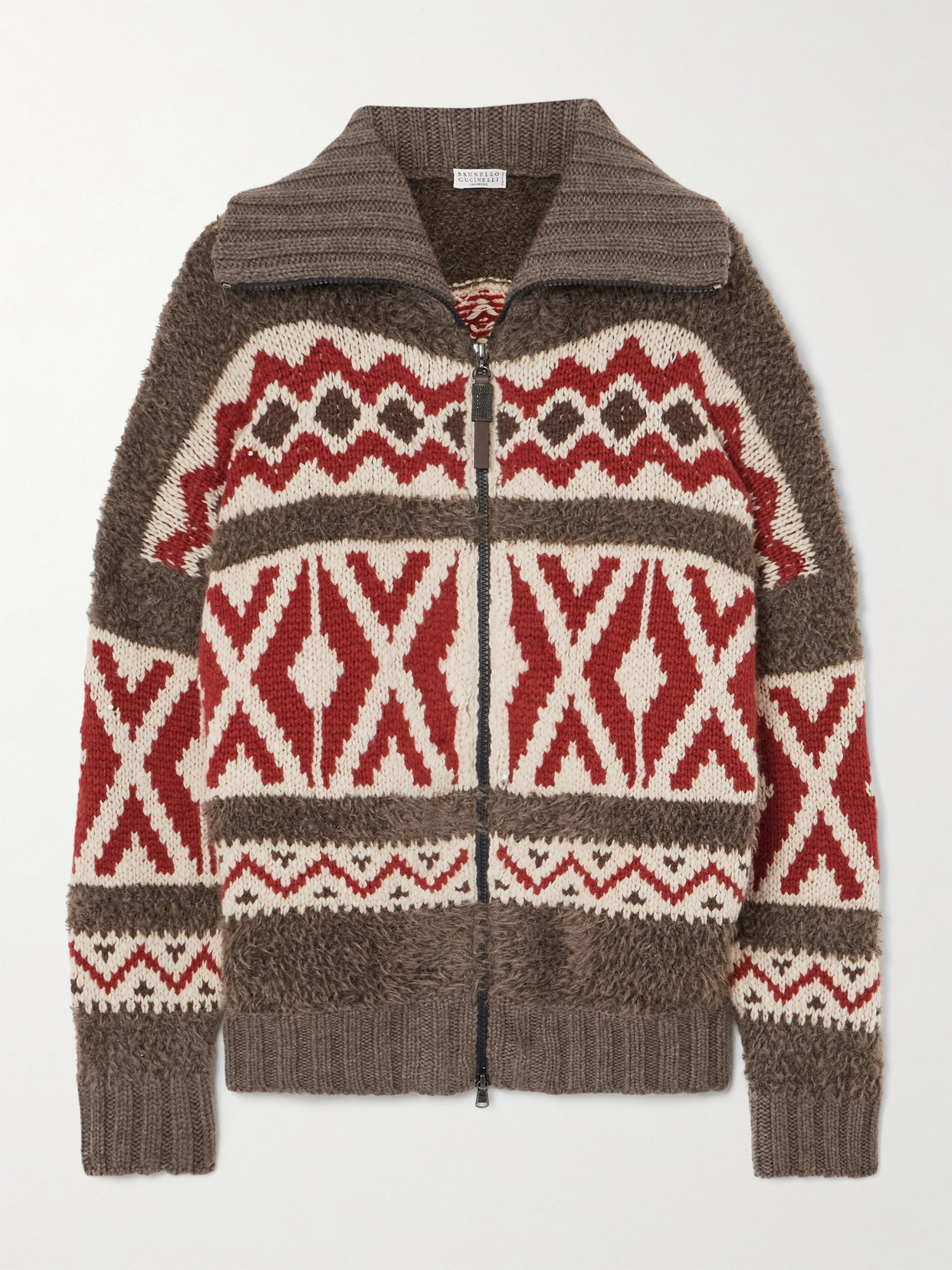 Brunello Cucinelli - Oversized Intarsia Cashmere Zip-up Cardigan - Brown