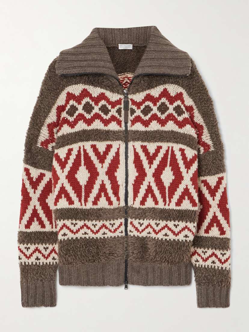 Brunello Cucinelli Oversized Intarsia Cashmere Zip-up Cardigan