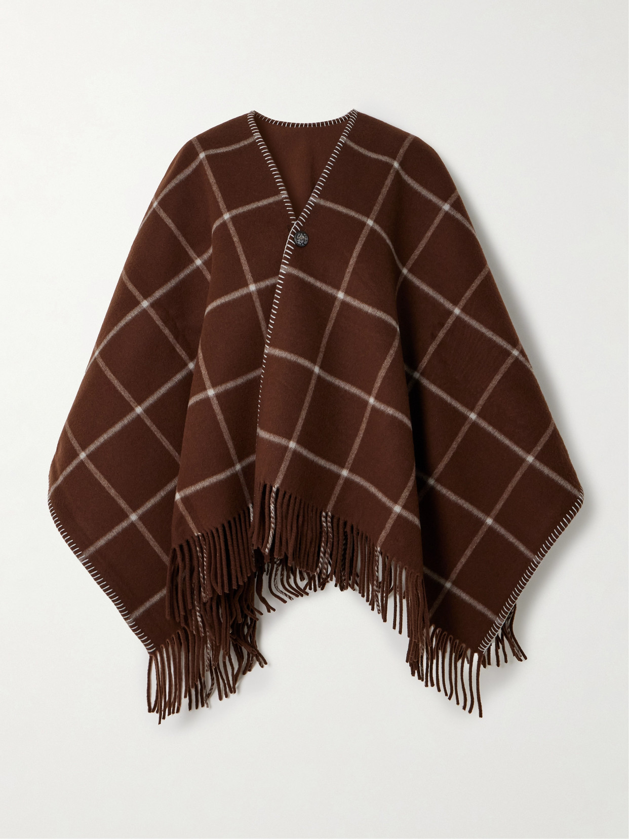 Purdey Welbeck Fringed Whipstitched-trimmed Checked Wool And Cashmere-blend Cape In Brown