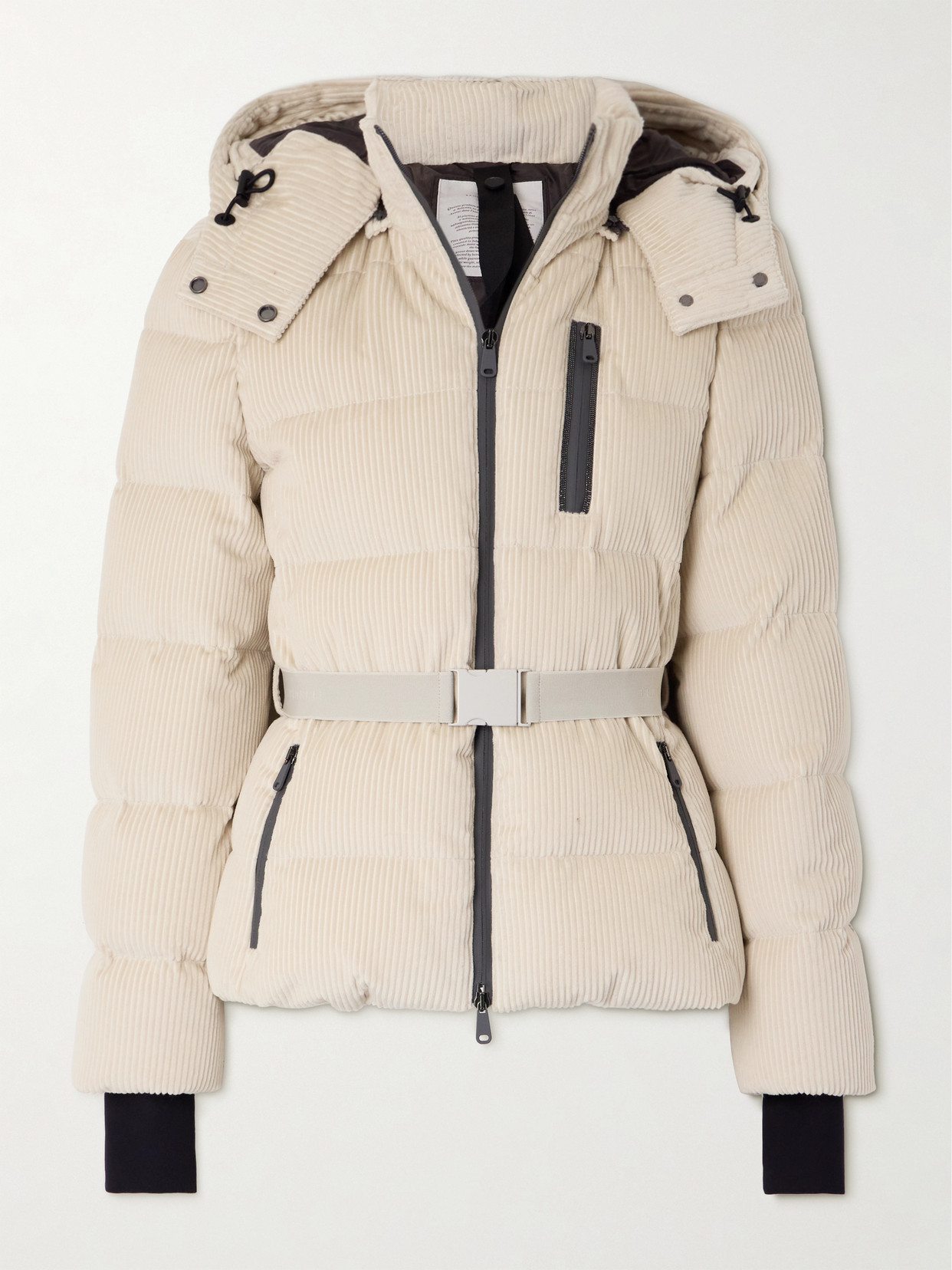Brunello Cucinelli Hooded Belted Bead-embellished Ribbed Cotton-velvet Ski Jacket In White