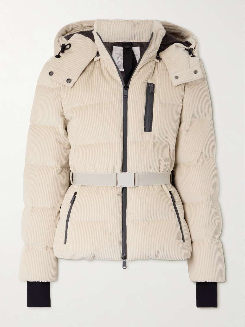 Brunello Cucinelli Hooded Belted Bead-embellished Ribbed Cotton-velvet Ski Jacket