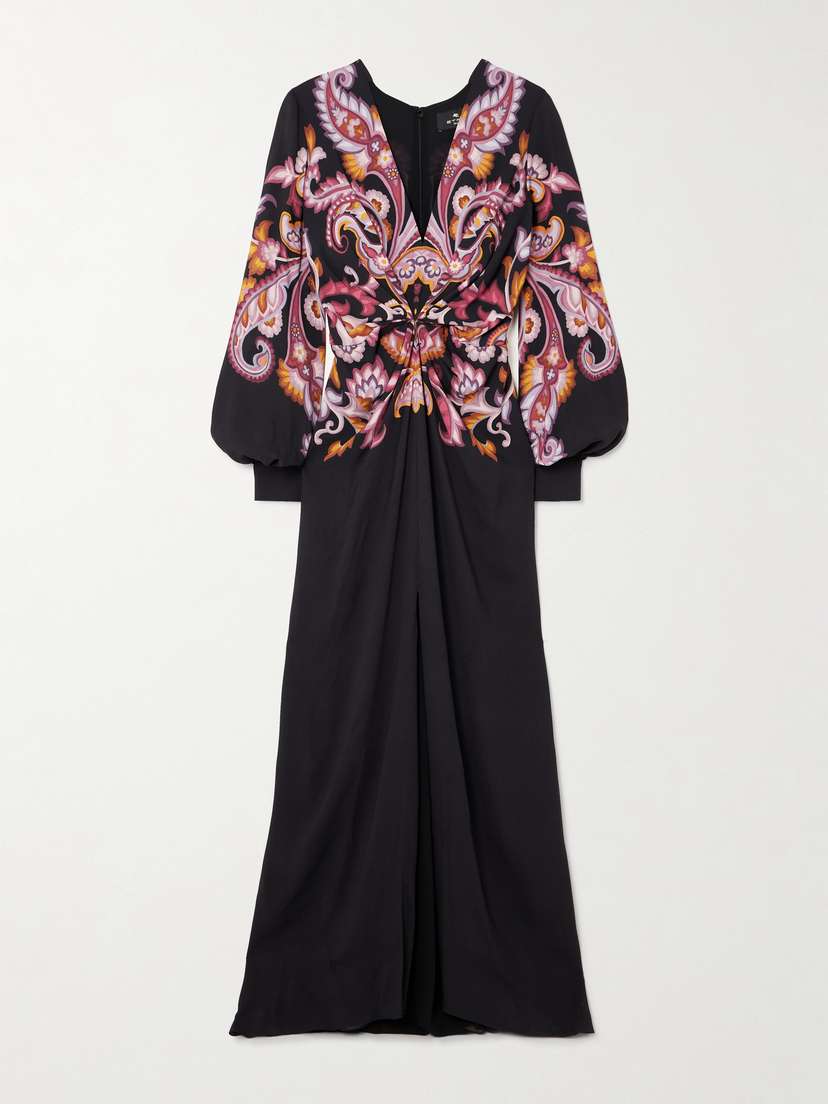Etro Gathered Printed Crepe De Chine Maxi Dress