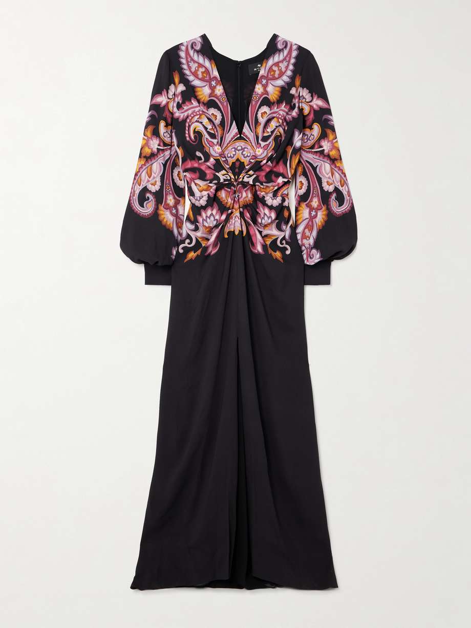 gathered printed crepe de chine maxi dress