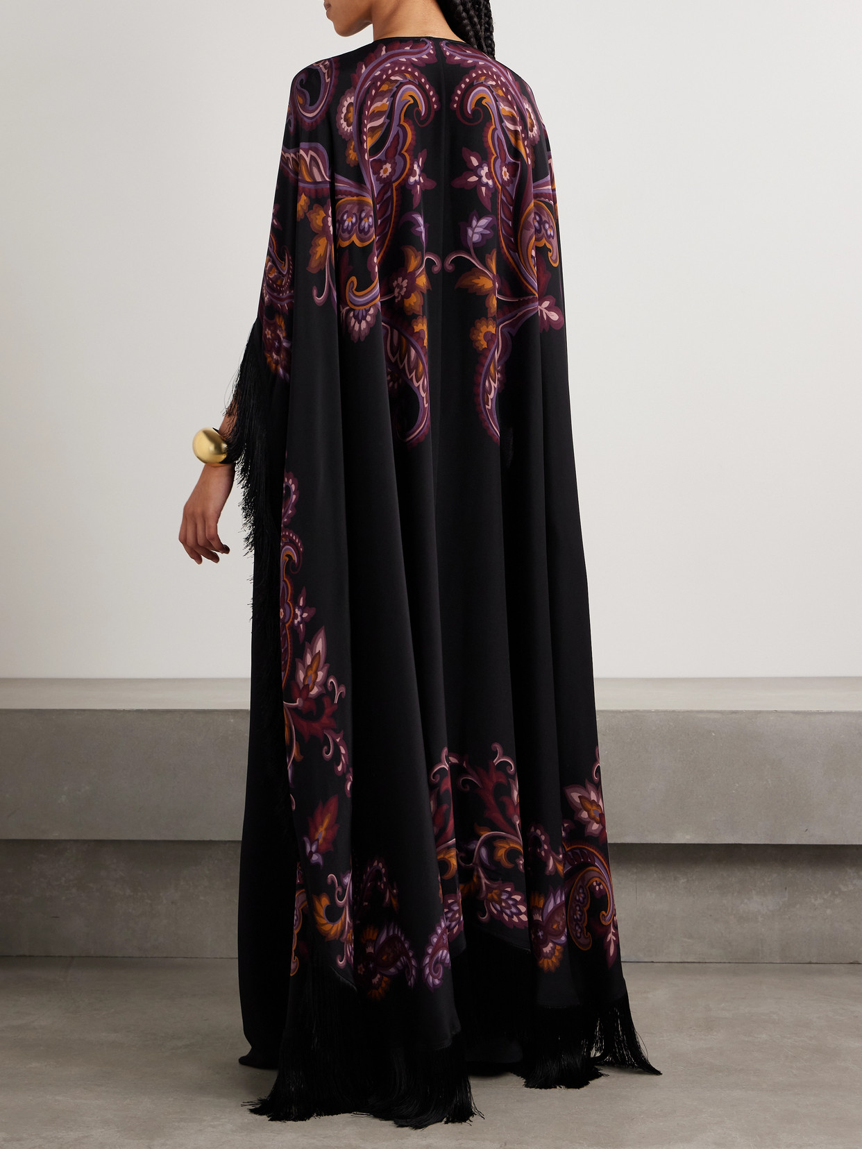 Etro Cape-effect Fringed Paisley-print Silk Gown In Black