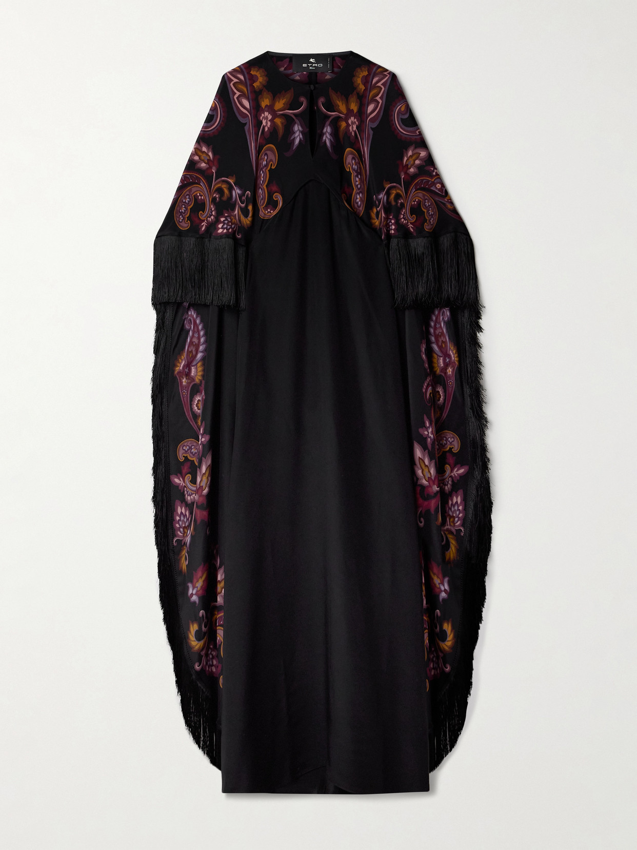 Etro Cape-effect Fringed Paisley-print Silk Gown In Black