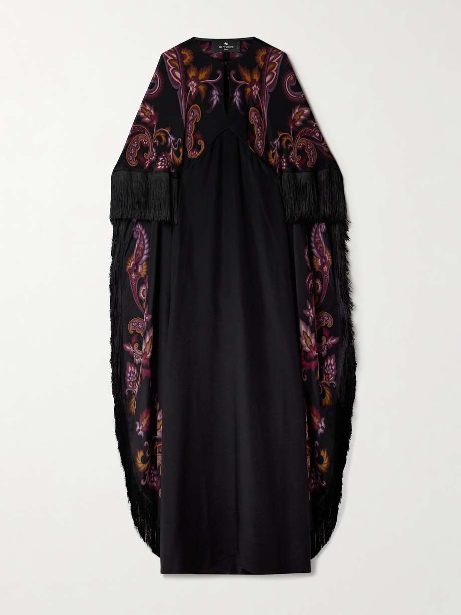 cape-effect fringed paisley-print silk gown