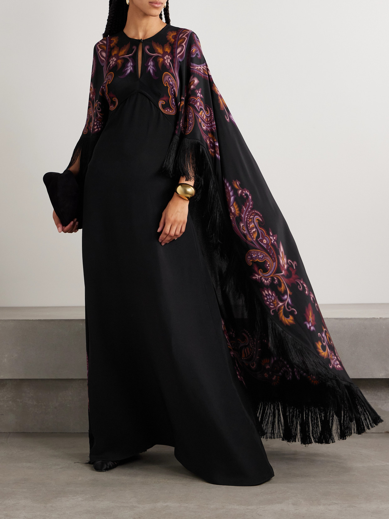 Etro Cape-effect Fringed Paisley-print Silk Gown In Black