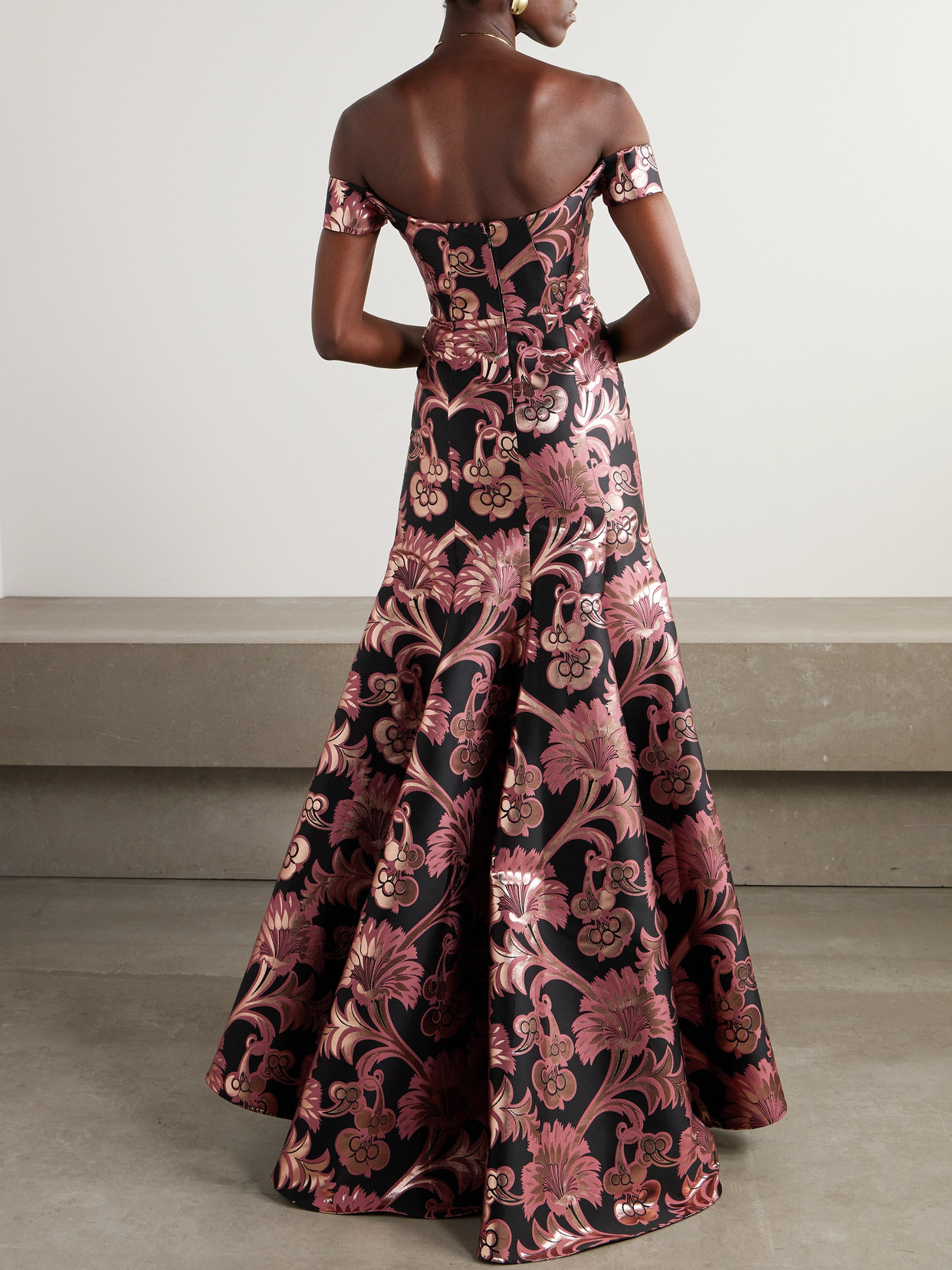 Etro Bardot Off-the-shoulder Metallic Brocade Gown In Pink