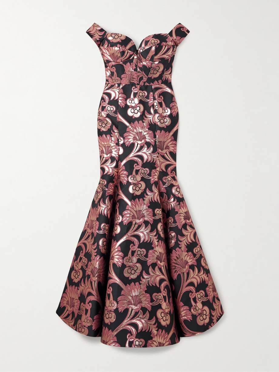 bardot off-the-shoulder metallic brocade gown