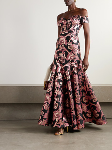 Etro Bardot off-the-shoulder metallic brocade gown