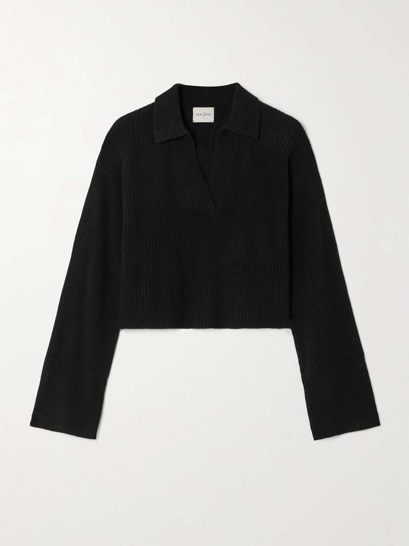 Le Kasha Ganta Cropped Ribbed Organic Cashmere Polo Sweater