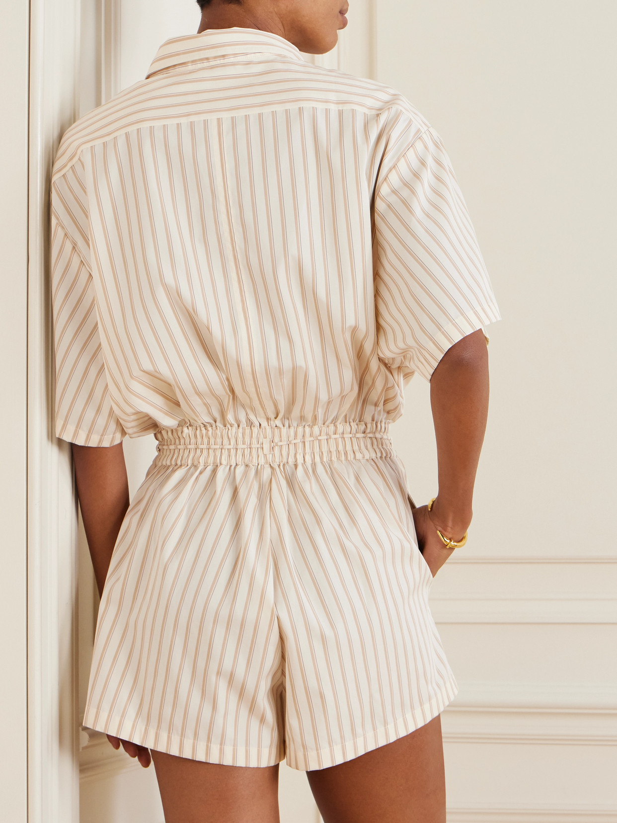 Faithfull Faia Belted Striped Cotton-poplin Playsuit In Off-white