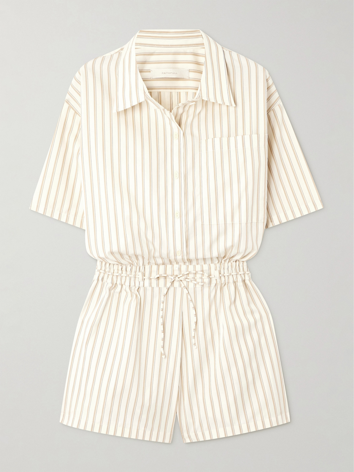 Faithfull Faia Belted Striped Cotton-poplin Playsuit In Off-white
