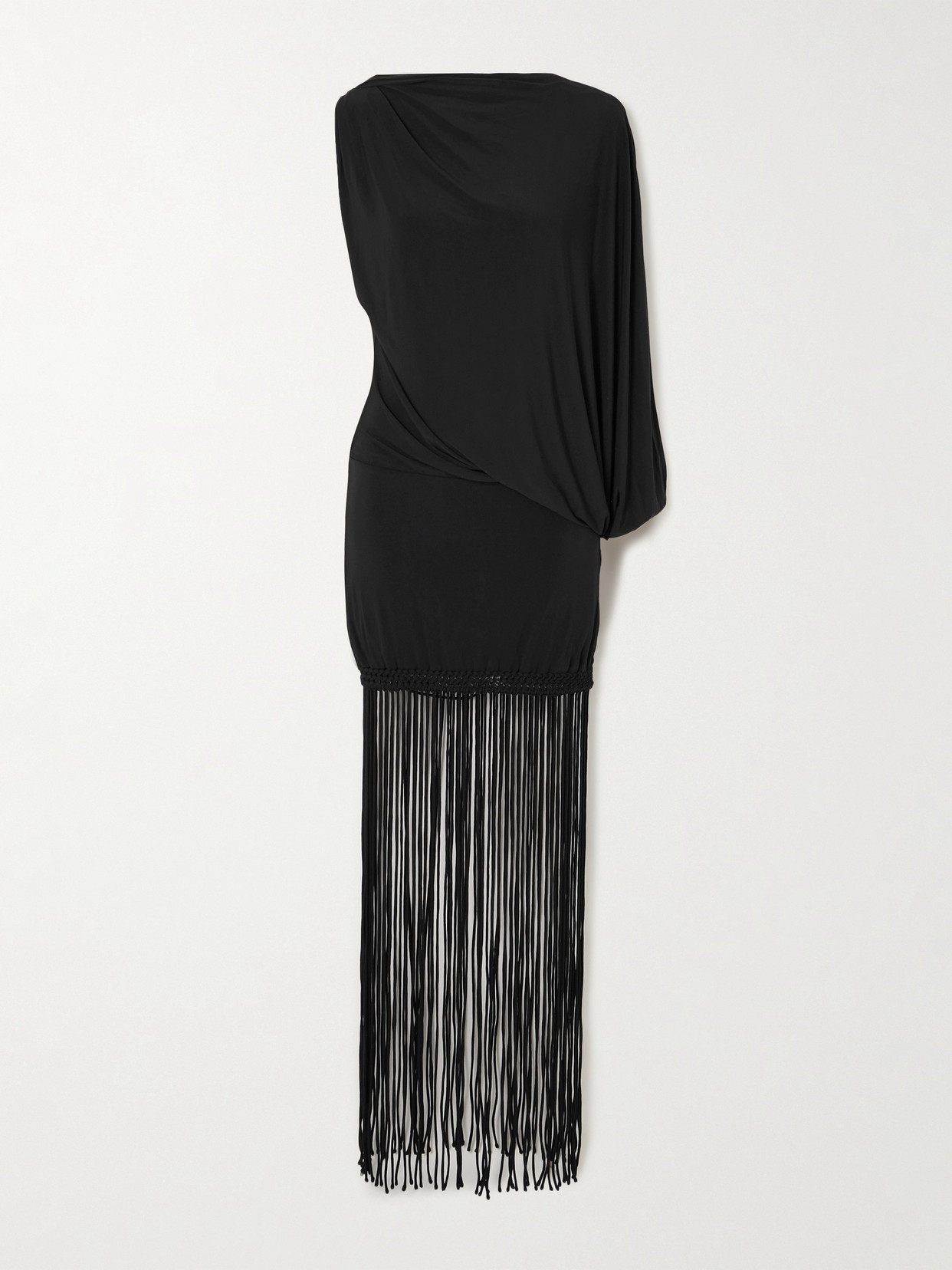 Faithfull Colmar One-sleeve Fringed Draped Stretch-jersey Dress In Black