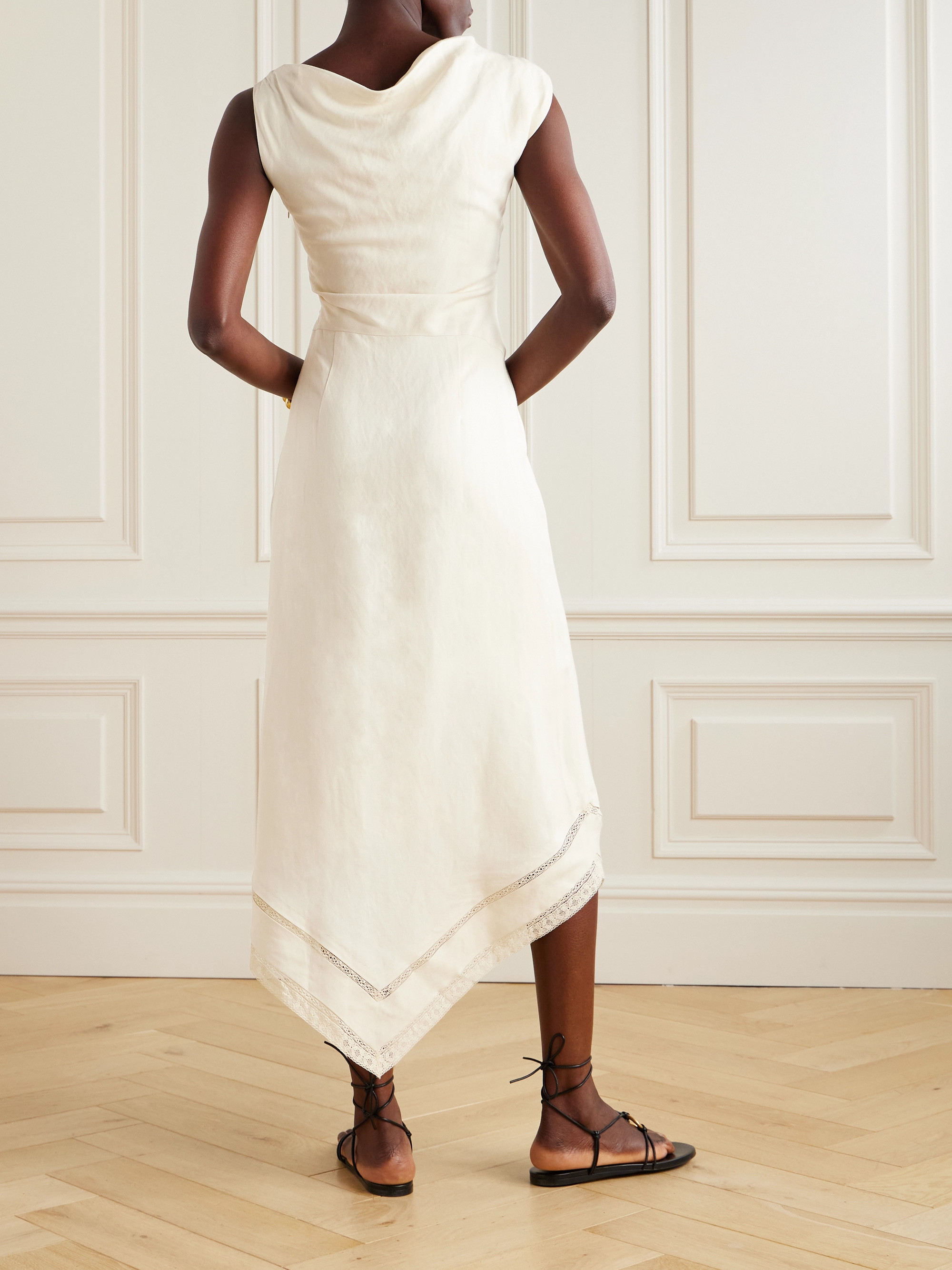 Faithfull Alva asymmetric lace-trimmed woven midi dress thumbnail