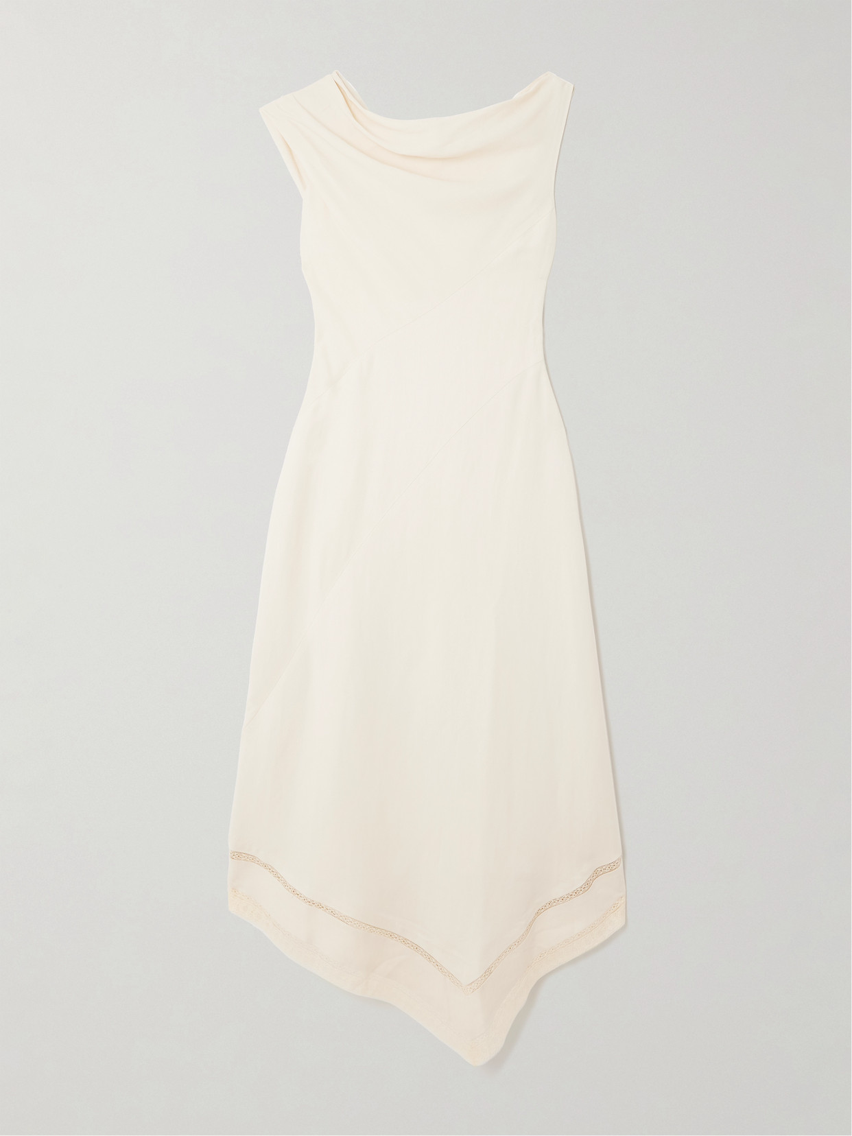 Faithfull Alva Asymmetric Lace-trimmed Woven Midi Dress In Neutrals