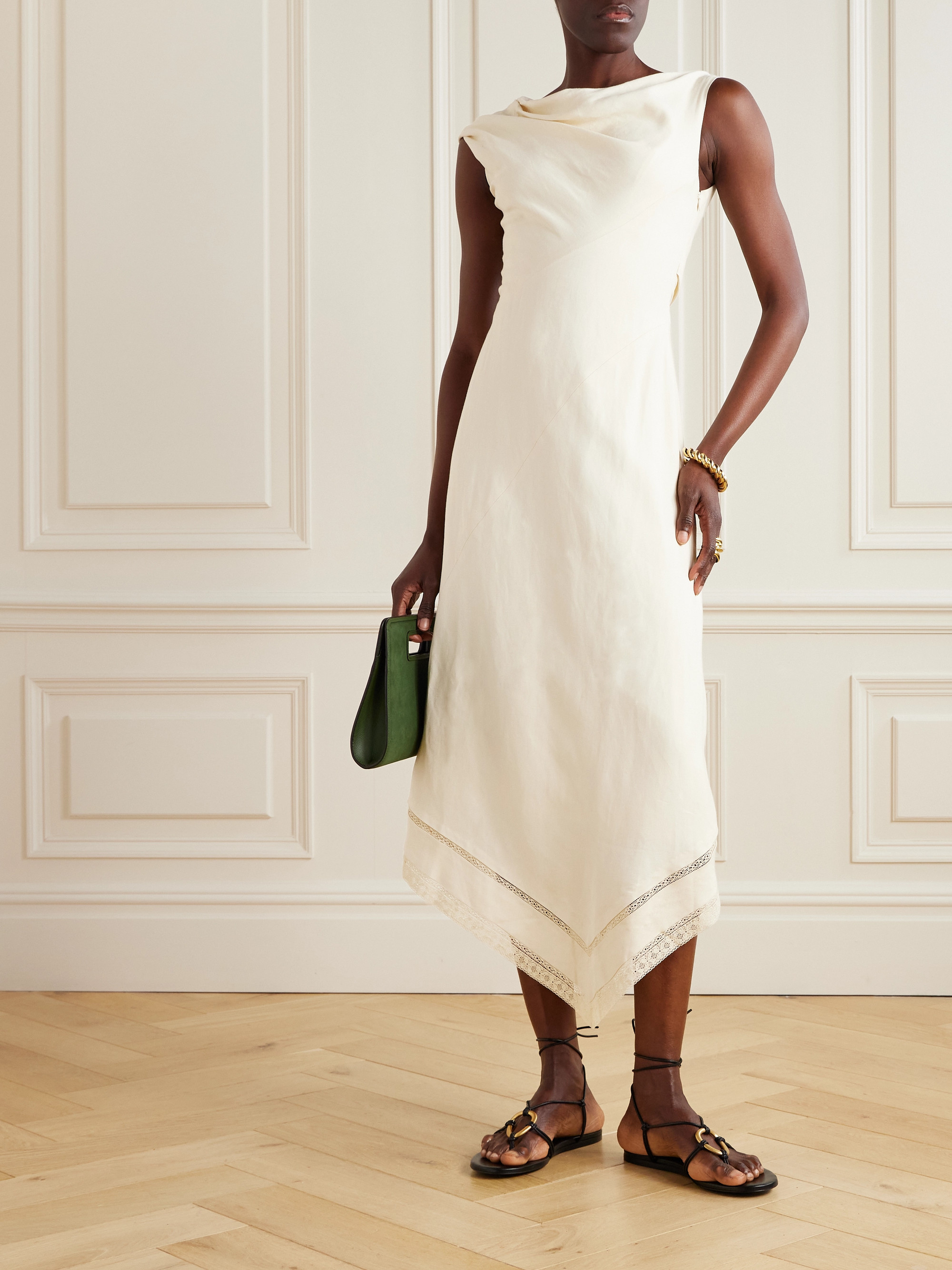 Faithfull Alva asymmetric lace-trimmed woven midi dress