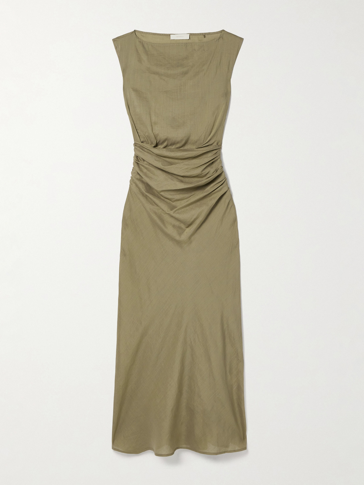 Faithfull Adelia Ruched Ramie And Silk-blend Voile Maxi Dress In Green