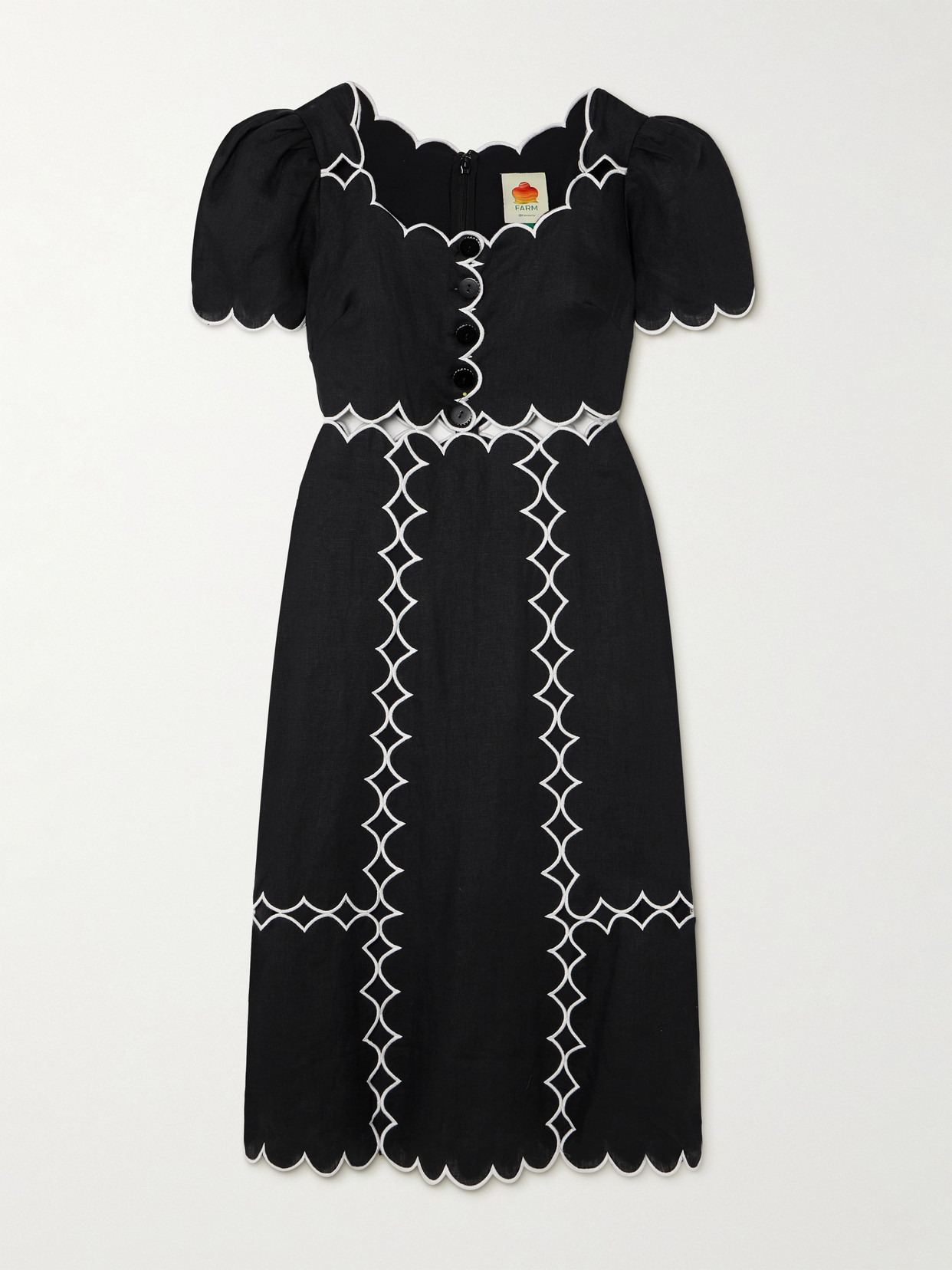 Farm Rio - Scalloped Cutout Linen Midi Dress - Black