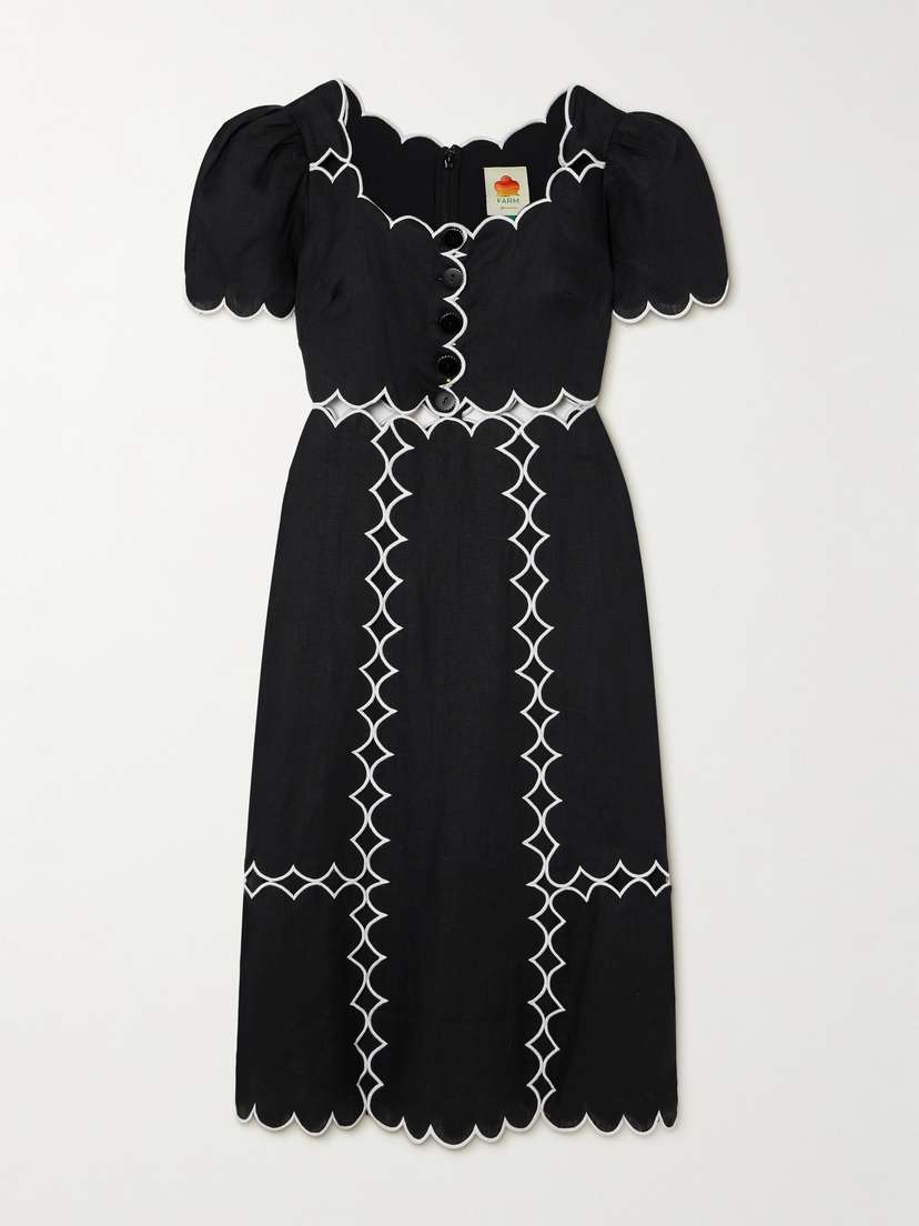 Farm Rio Scalloped Cutout Linen Midi Dress