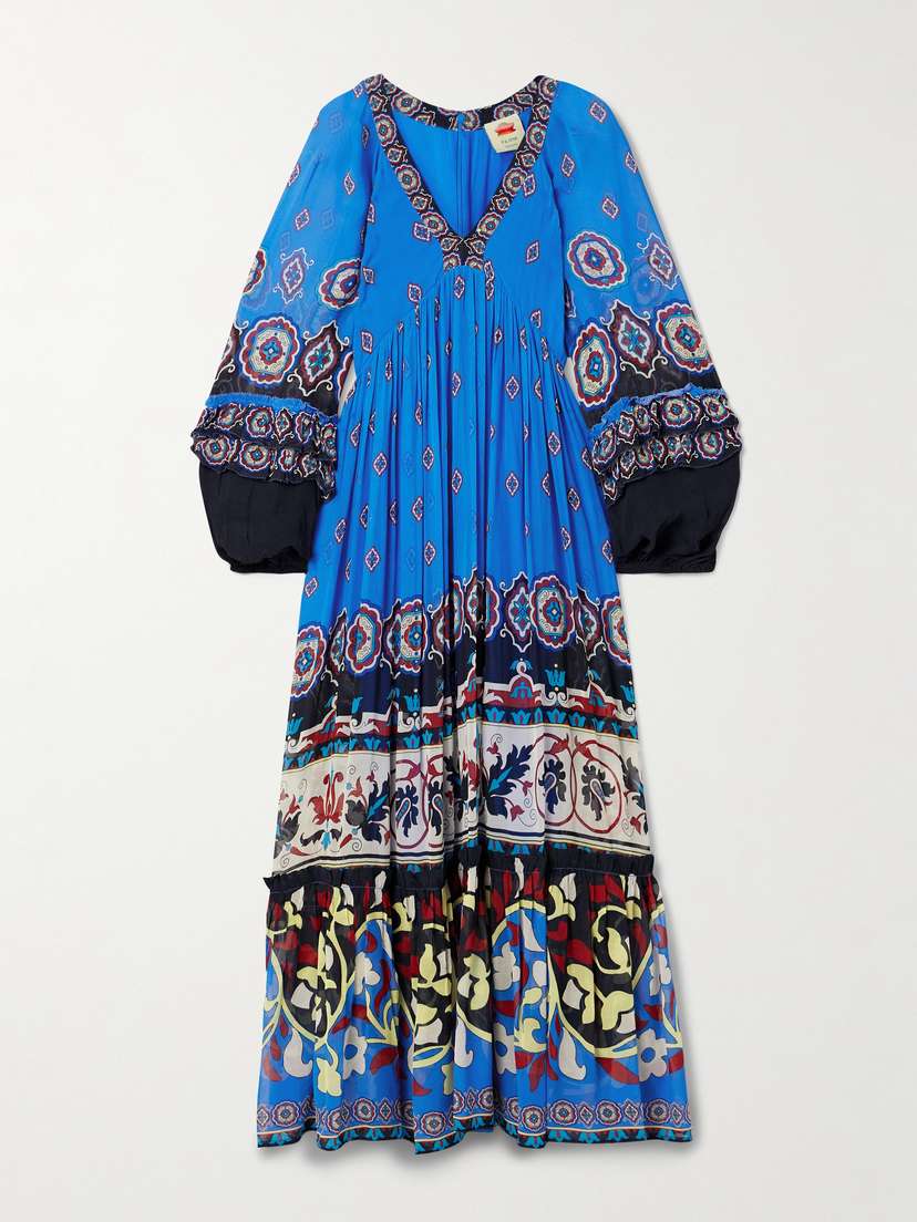 Farm Rio Ainika Gathered Printed Georgette Maxi Dress