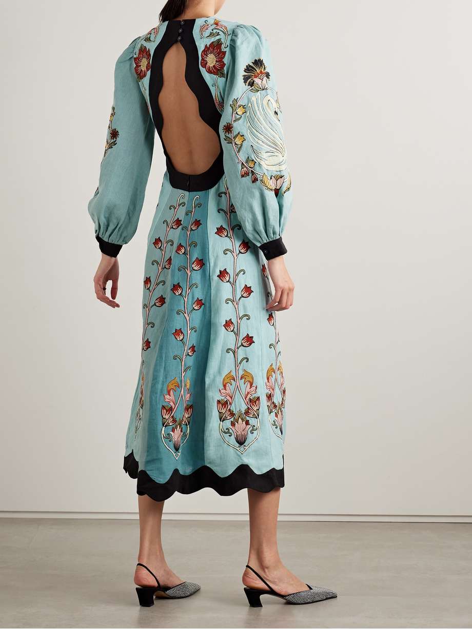 open-back paneled embroidered linen midi dress