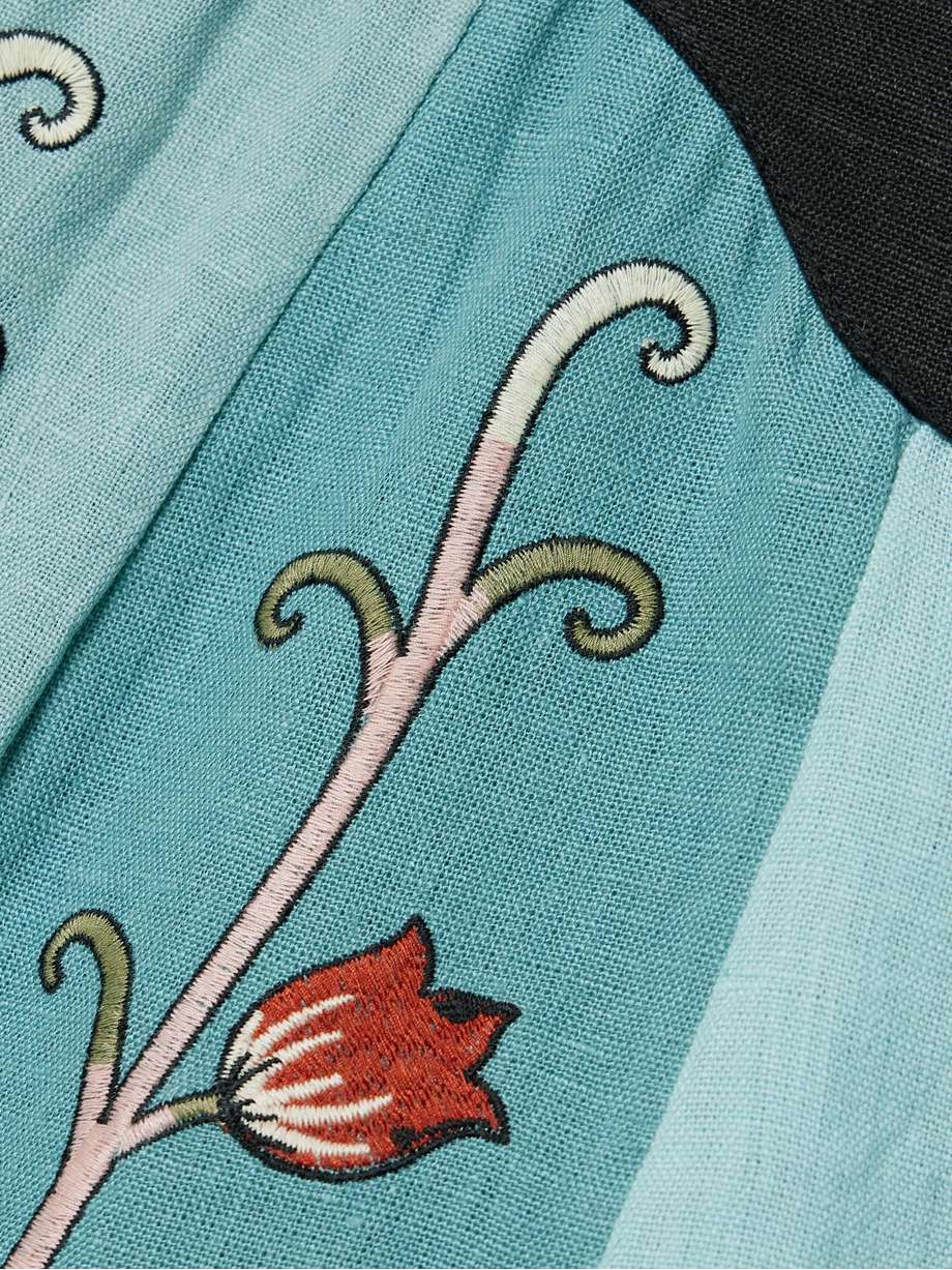 open-back paneled embroidered linen midi dress