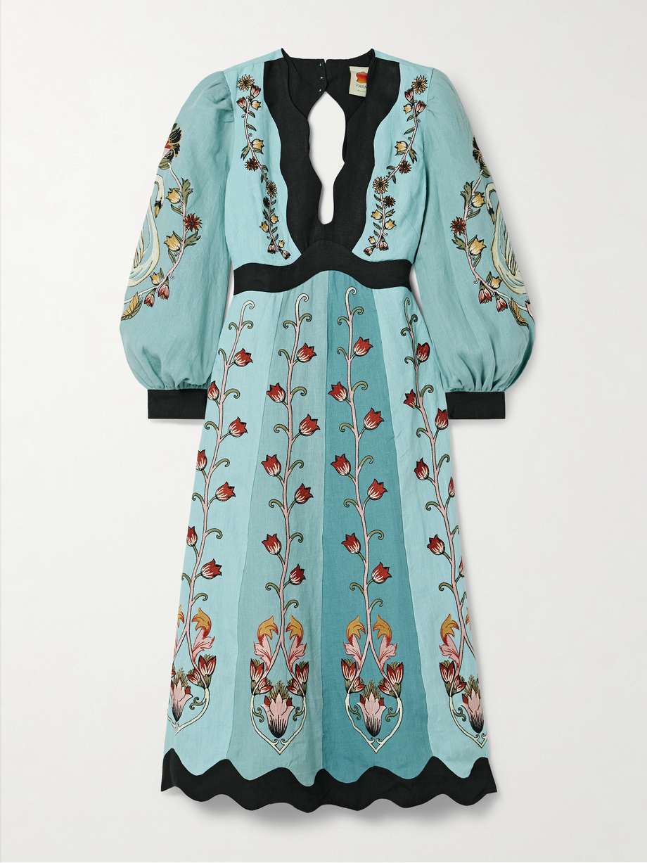 open-back paneled embroidered linen midi dress