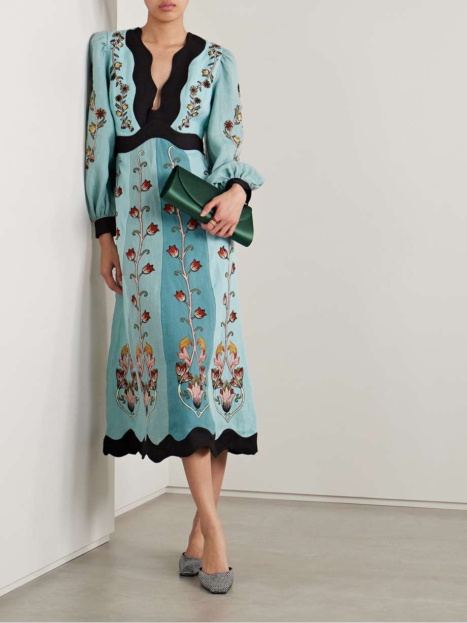 open-back paneled embroidered linen midi dress