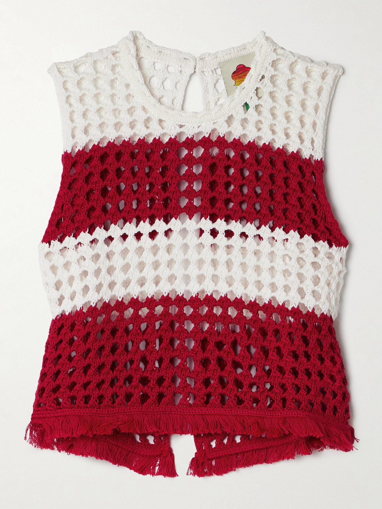 Farm Rio Fringed Striped Crocheted Cotton Tank In Red
