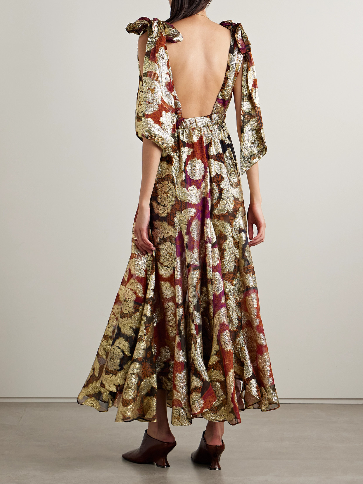 FARM RIO PRINTED METALLIC FIL COUPÉ CHIFFON MAXI DRESS