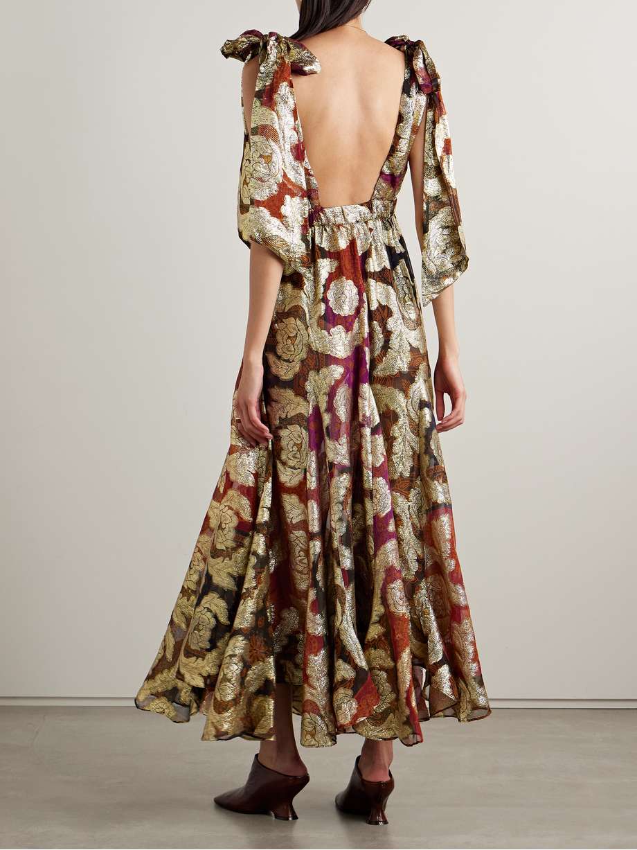 printed metallic fil coupé chiffon maxi dress
