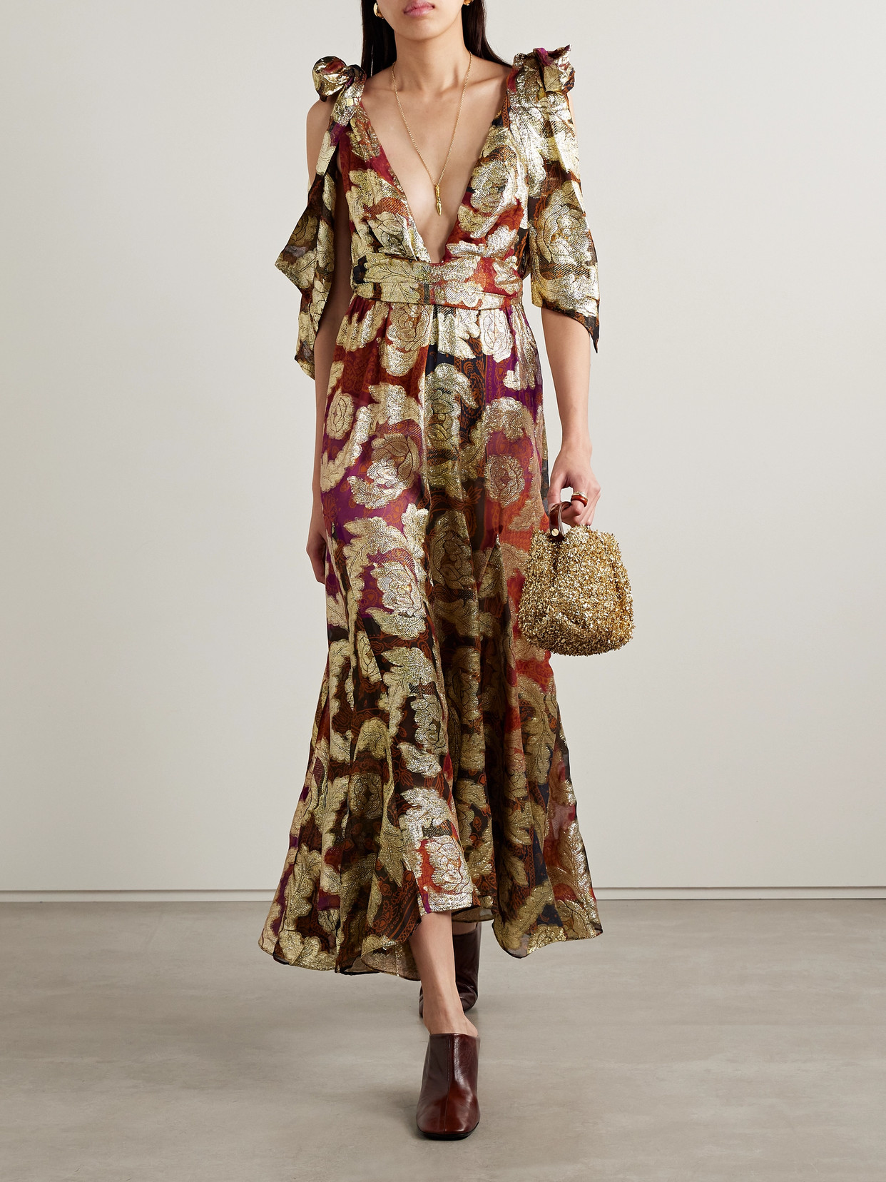 FARM RIO PRINTED METALLIC FIL COUPÉ CHIFFON MAXI DRESS