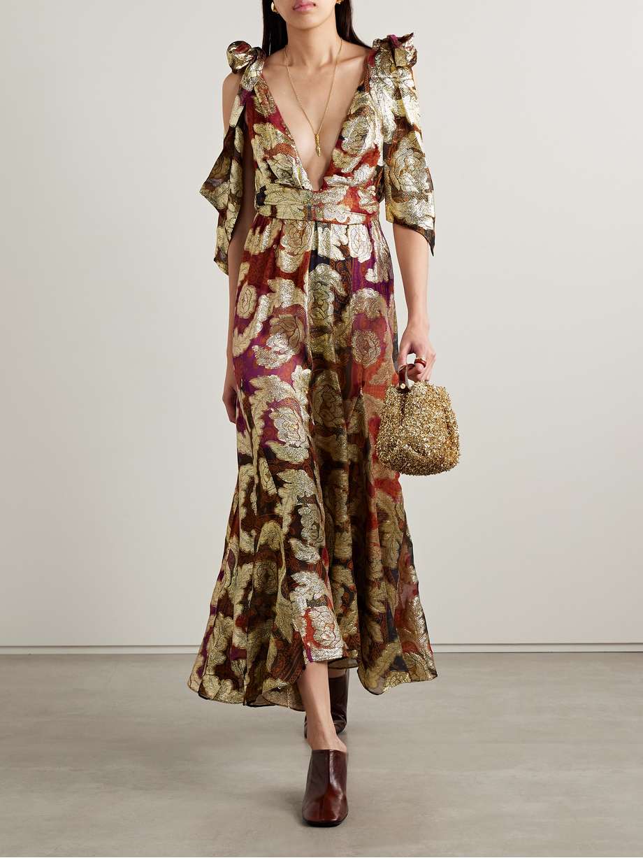 printed metallic fil coupé chiffon maxi dress