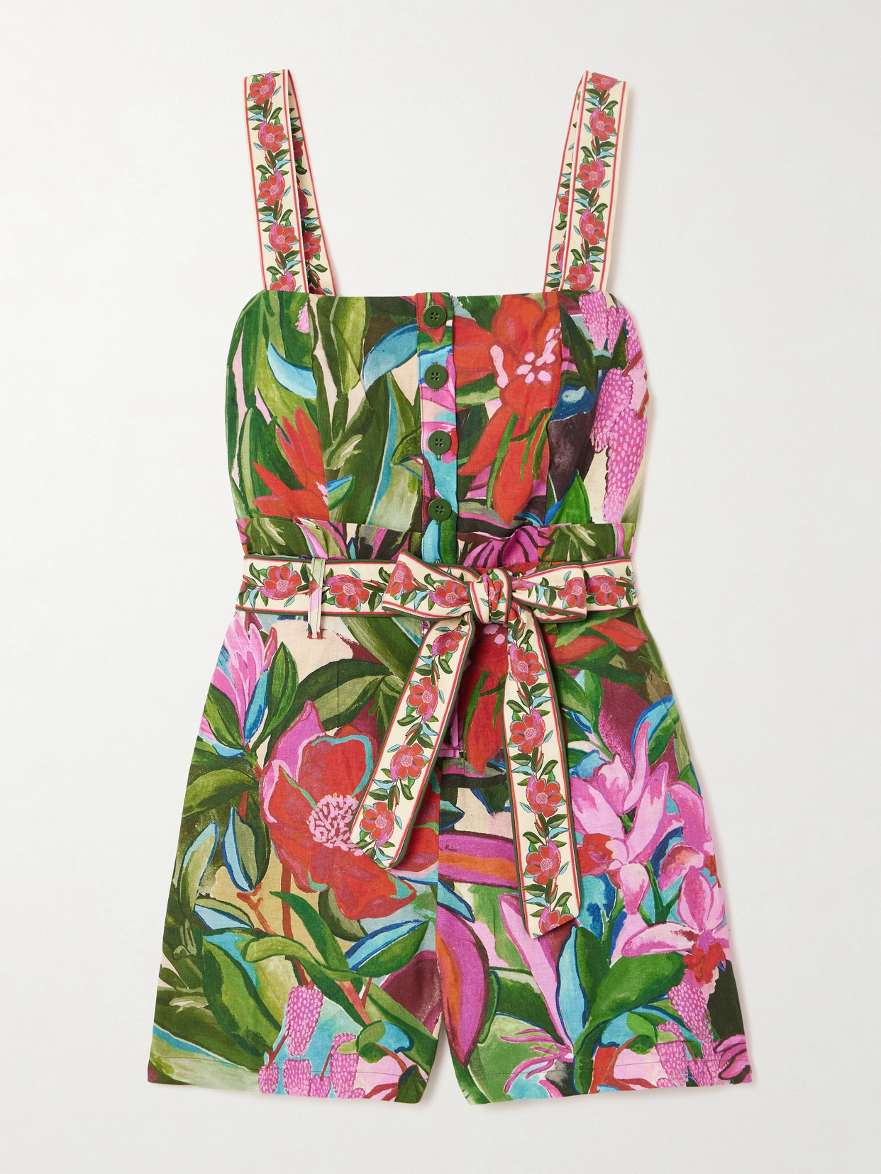 Farm Rio Jardin De Reve Multicolor Jumpsuit With Waist Waist Belt And All-over Floral Print In Linen Blend Wo In Multi