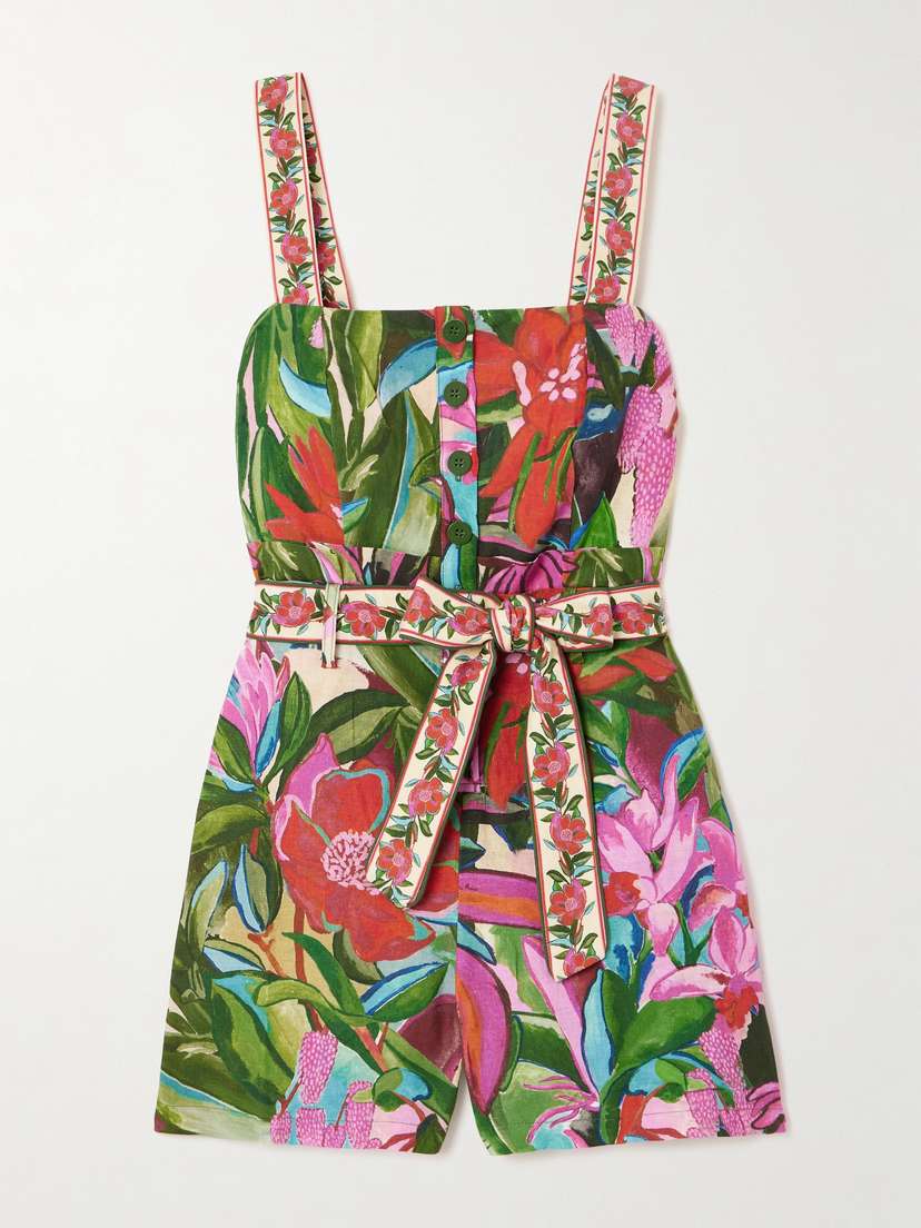 Farm Rio Jardin De Reve Belted Floral-print Linen-blend Playsuit