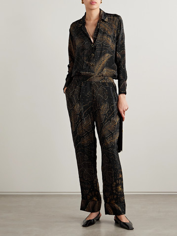 FARM Rio Crystal-embellished printed crepe de chine straight-leg pants