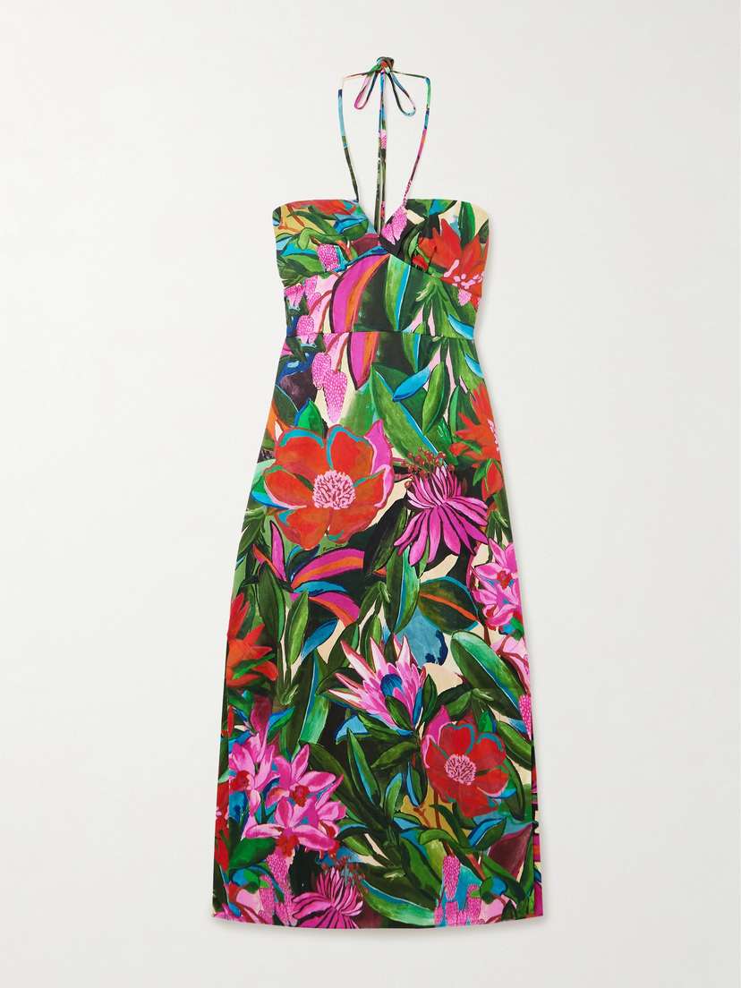Farm Rio Jardin De Rêve Floral-print Organic Cotton Halterneck Midi Dress