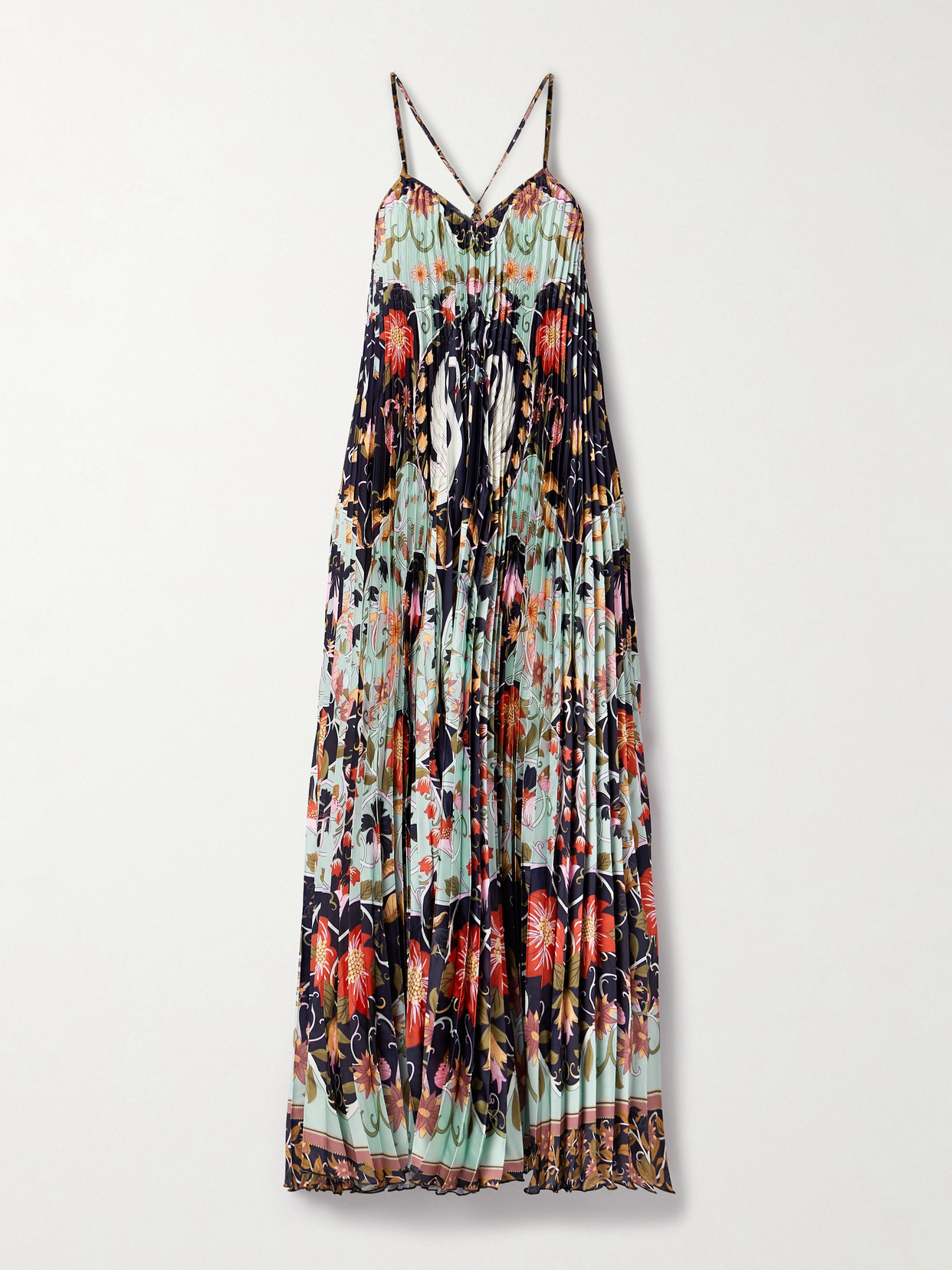 Farm Rio - Floral-print Plissé-satin Midi Dress - Blue