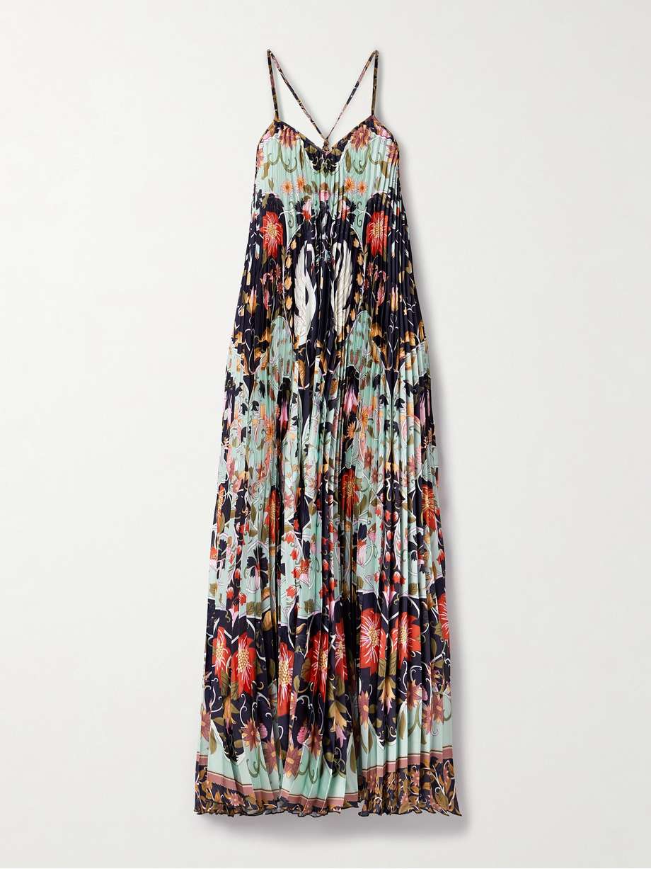 floral-print plissé-satin midi dress