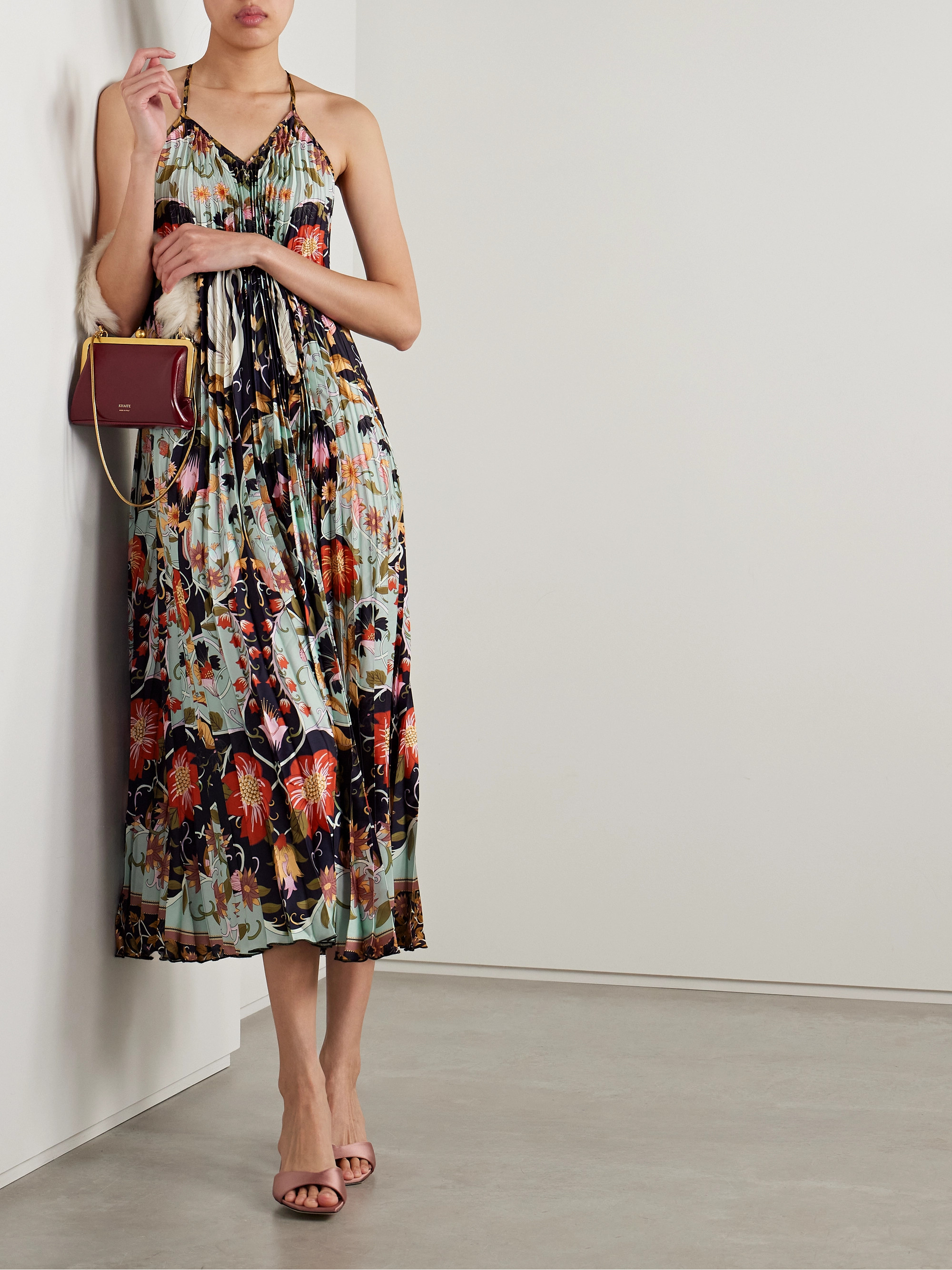 FARM Rio Floral-print plissé-satin midi dress